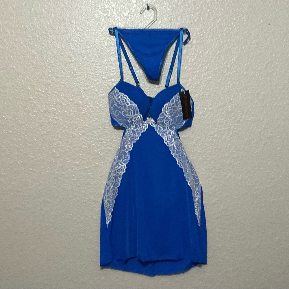 Blue & White Lace Trim Lingerie Set with Cutout Back